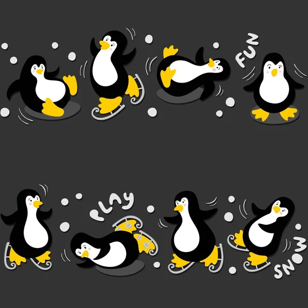 Pequeños Pingüinos Diversión Jugar Nieve Invierno Sin Costuras Doble Borde — Archivo Imágenes Vectoriales