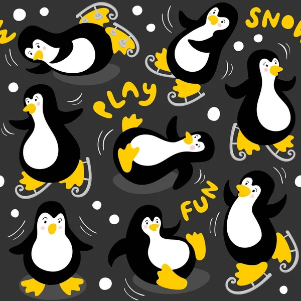 小さなペンギンの楽しいは 暗い背景に雪冬のシームレスなパターンを再生します — ストックベクタ