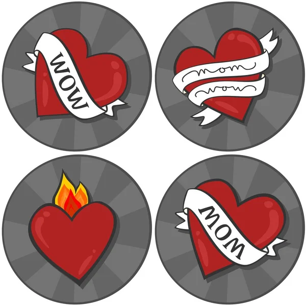 Mom Wow Heart Tattoo Badge Set Illustration White Background — Stock Vector