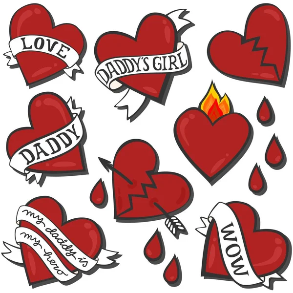 Daddy Love Papa Meisje Tattoo Hart Illustratie Set Geïsoleerd Wit — Stockvector