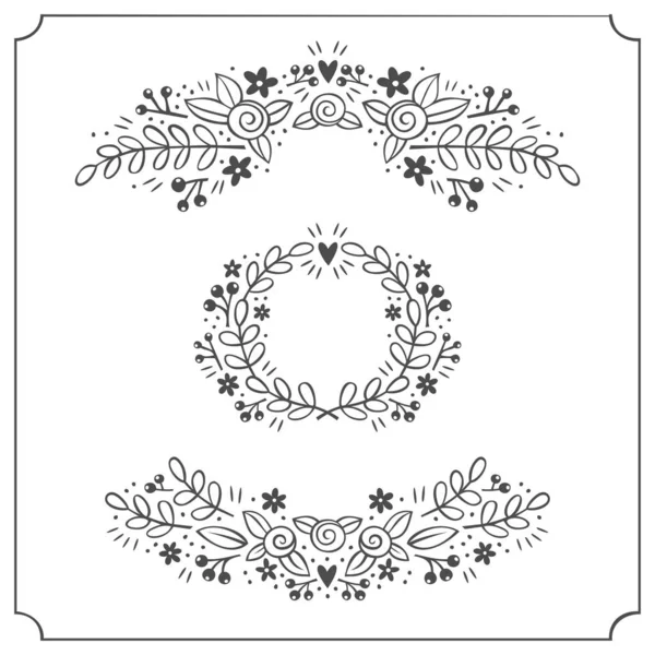 Floral Wreath Top Bottom Monochrome Doodle Sketch Illustration Elements Isolated — Stock Vector