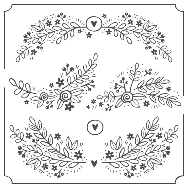 Floral Top Bottom Side Monochrome Doodle Sketch Illustration Elements Isolated — Stock Vector