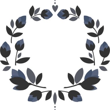 mavi çiçekler gri beyaz arka plan üzerinde izole kalpleri çiçek illüstrasyon ile yuvarlak şekilli simetrik çelenk yaprakları