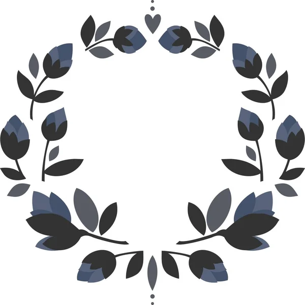 Blue Flowers Gray Leaves Shaped Symmetrical Wreath Hearts Floral Illustration — Stock Vector