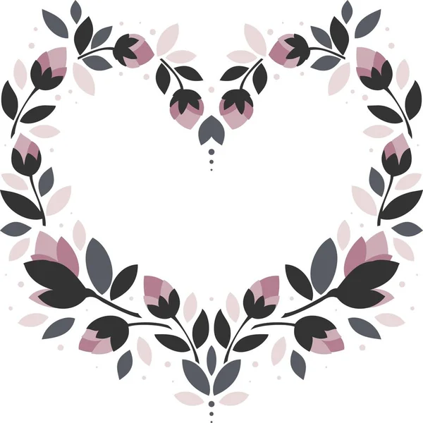 Roze Bloemen Grijs Verlaat Hartvormige Krans Floral Illustratie Geïsoleerd Witte — Stockvector