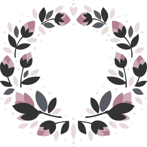 Pink Flowers Gray Leaves Shaped Symmetrical Wreath Hearts Floral Illustration — Stock Vector