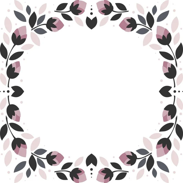 Pink Flowers Gray Leaves Square Shaped Wreath Floral Illustration Isolated — Stock Vector