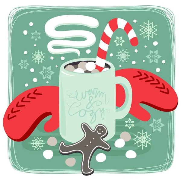 热可可巧克力冬季舒适饮料与红手套和姜饼人饼干卡海报冬季假期中心插图 — 图库矢量图片