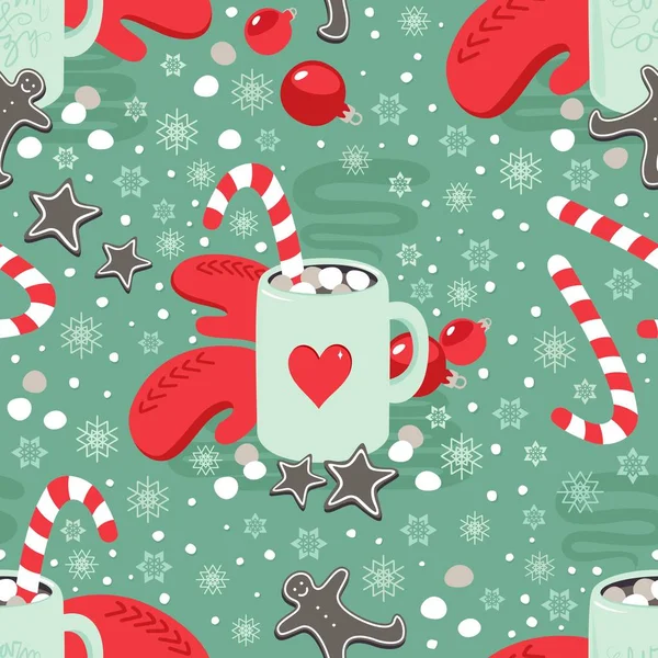 ホットココアチョコレート冬の居心地の良い飲み物赤い手袋とジンジャーブレッドクッキー冬の休日シームレスなパターン — ストックベクタ