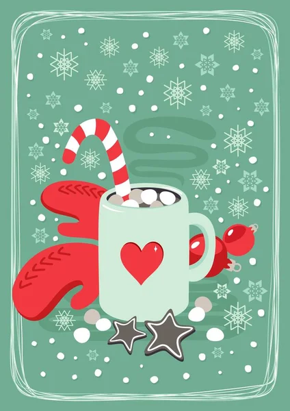 Hot Cocoa Chocolate Winter Cozy Drink Red Gloves Gingerbread Star — Stock Vector