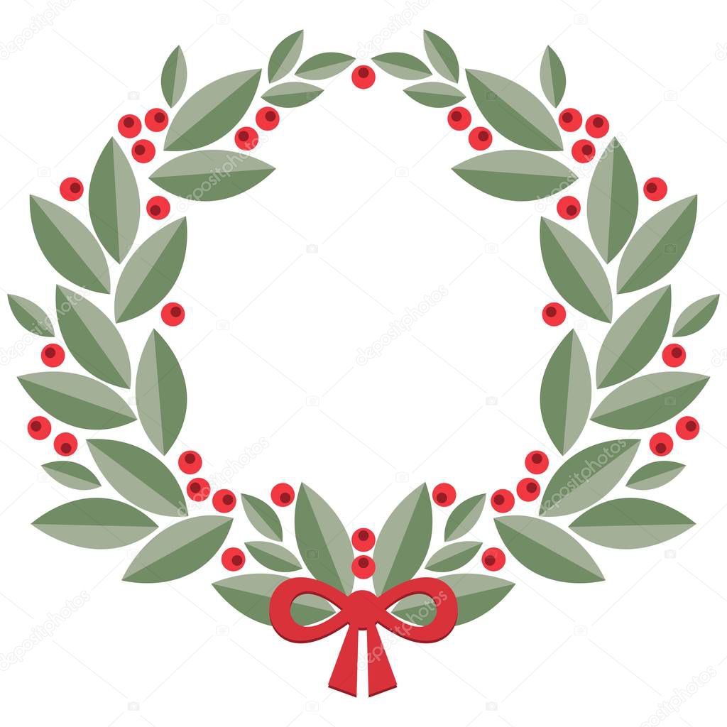 cranberry wreath with leaves, berries and red bow decoration vector isolated winter holiday card poster centerpiece illustration isolated on white background