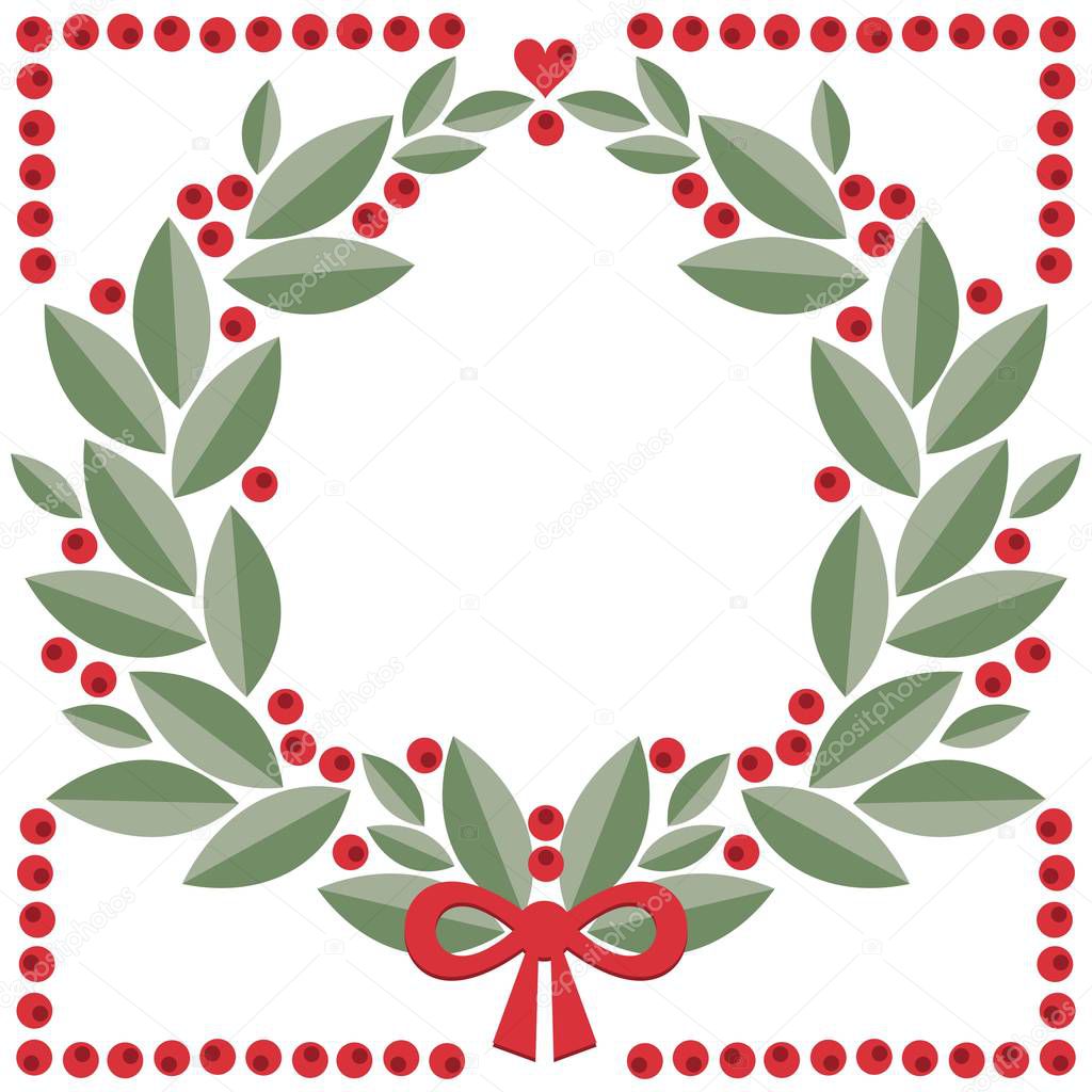 cranberry wreath with leaves, berries,  heart shape and red bow vector isolated winter holiday card poster centerpiece illustration isolated on white background
