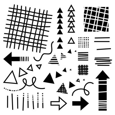 Oklar üçgenler karalama çizgileri tek renkli işaret elemanı vektörü beyaz arkaplanda izole edildi