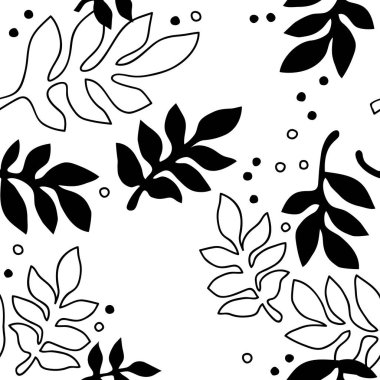 beyaz arkaplanda siyah ve beyaz siluet ve doğrusal yapraklar ve noktalar tek renkli botanik desen