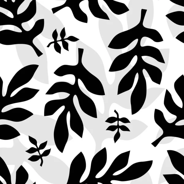 Schwarze Weiße Und Graue Silhouette Hinterlässt Monochrome Botanische Nahtlose Muster — Stockvektor