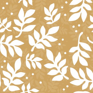 Beyaz siluet yapraklar ve küçük noktalar tek renkli botanik vektörler sarı arkaplan üzerinde kusursuz desen