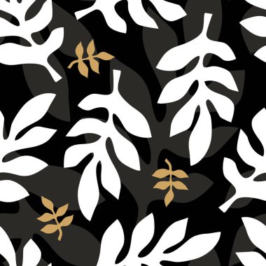 Beyaz ve sarı siluet siyah arkaplanda renksiz botanik vektör deseni bırakıyor