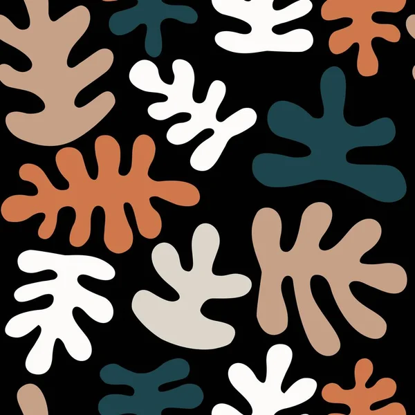 カラフルな有機的な形状を持つ抽象的なシームレスパターン 現代的なミニマリズムスタイル ベクトルイラスト ベージュ オレンジ 暗い背景 — ストックベクタ