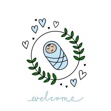 Tatlı bebek gelişi duyuru kartı çiçek çelengi ve küçük kalp vektör süslemesi mavi işaretli.