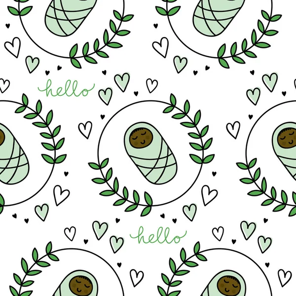 白い背景に小さな心と緑の要素ベクトルシームレスなパターンを持つ花の花輪に生まれた甘い小さな赤ちゃん — ストックベクタ