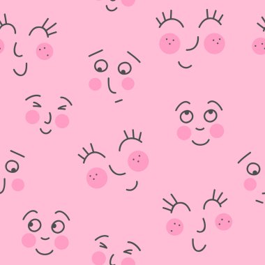 Mutlu gülümseyen yüzler pembe yanaklı dağınık karakter kafaları vektör elleri pembe arka planda pürüzsüz desen çiziyor 