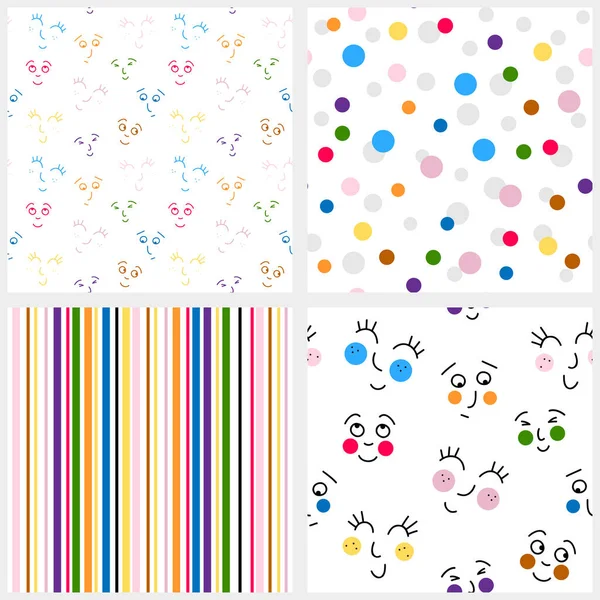 Colorful Happy Smiling Faces Little Dots Thin Stripes Vector Doodle — Stock Vector