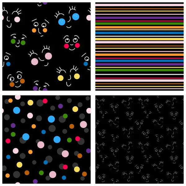 Colorful Happy Smiling Faces Little Dots Thin Stripes Vector Doodle — Stock Vector