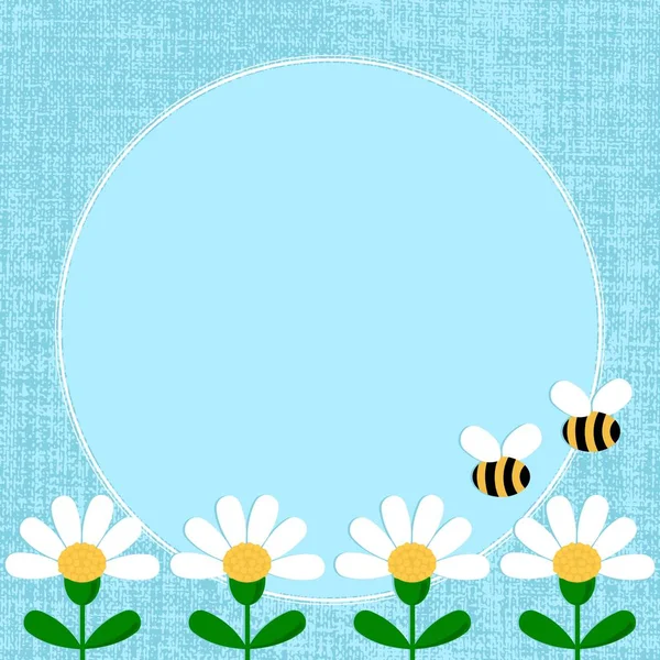 平坦的雏菊和蜜蜂病媒图解 蓝色纹理背景上有洋甘菊花和蜜蜂的圆形中心元素 — 图库矢量图片