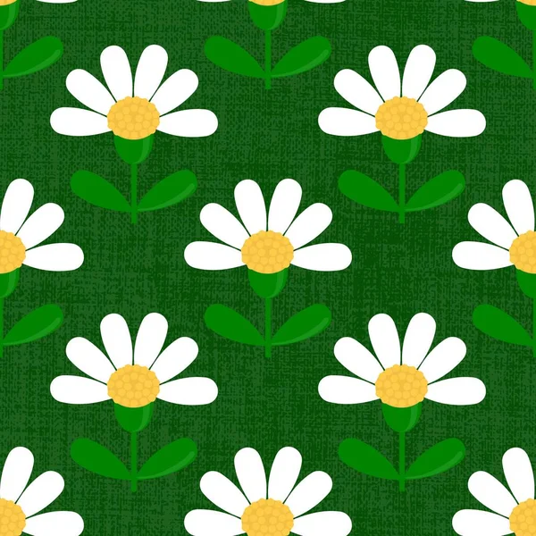 Flat Daisy Seamless Pattern Repeatable Vector Background Chamomile Flowers Dark — Stock Vector