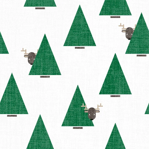 Reindeers Trees Flat Textured Winter Animal Geometric Seasonal Vector Seamless — Stock Vector