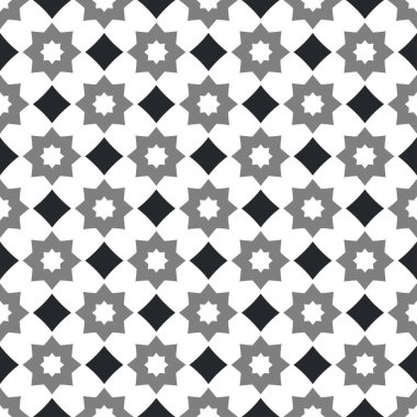 Geometrik yıldız kare vektör damaske biçimi dikişsiz desen. Gri, siyah ve beyaz, zarif, minimal, modern, soyut, basit vektör arkaplan. Tekstil, duvar kağıtları, web tasarımı için.