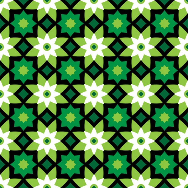 Geometric Floral Star Square Vector Damask Style Seamless Pattern Green — Stock Vector