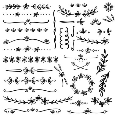 El yapımı botanik ayırıcılar. Bullet günlük web görsel not çizim elementleri. İzole edilmiş grafik vektör kümesi.