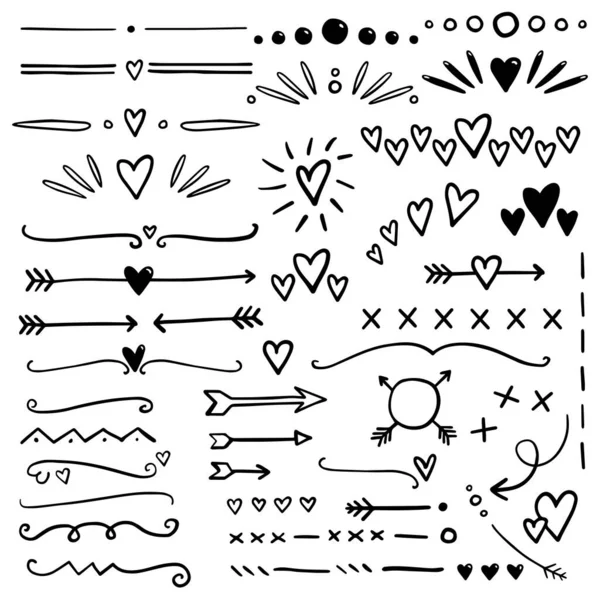 Hand Drawn Hearts Arrows Dividers Bullet Journal Web Visual Note — Stock Vector