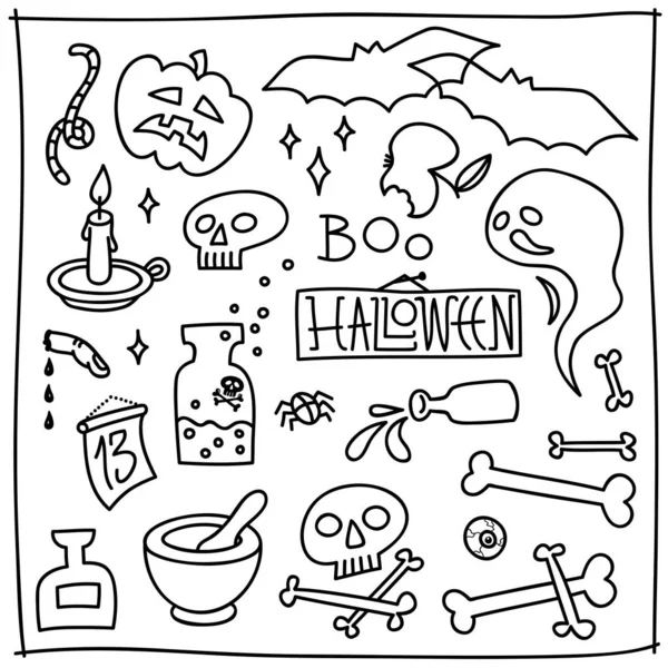 Halloween Doodle Element Set Crânios Ossos Morcegos Vermes Velas Garrafas — Vetor de Stock