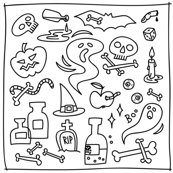 Halloween Doodle Element Set Med Dödskallar Ben Fladdermöss Maskar Ljus — Stock vektor