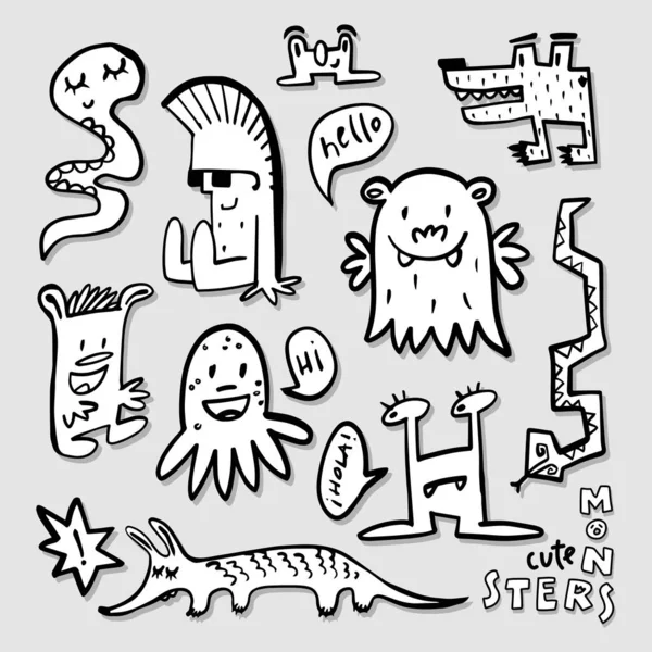 Mignons Monstres Vectoriels Gribouillis Noir Blanc Enfants Illustration Drôles Personnages — Image vectorielle