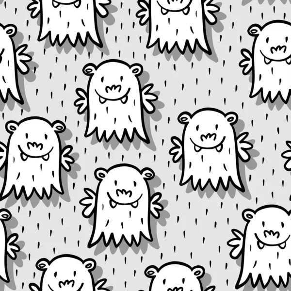 Niedliche Pelzige Lächelnde Monster Vektor Doodle Schwarz Und Weiß Kinder — Stockvektor