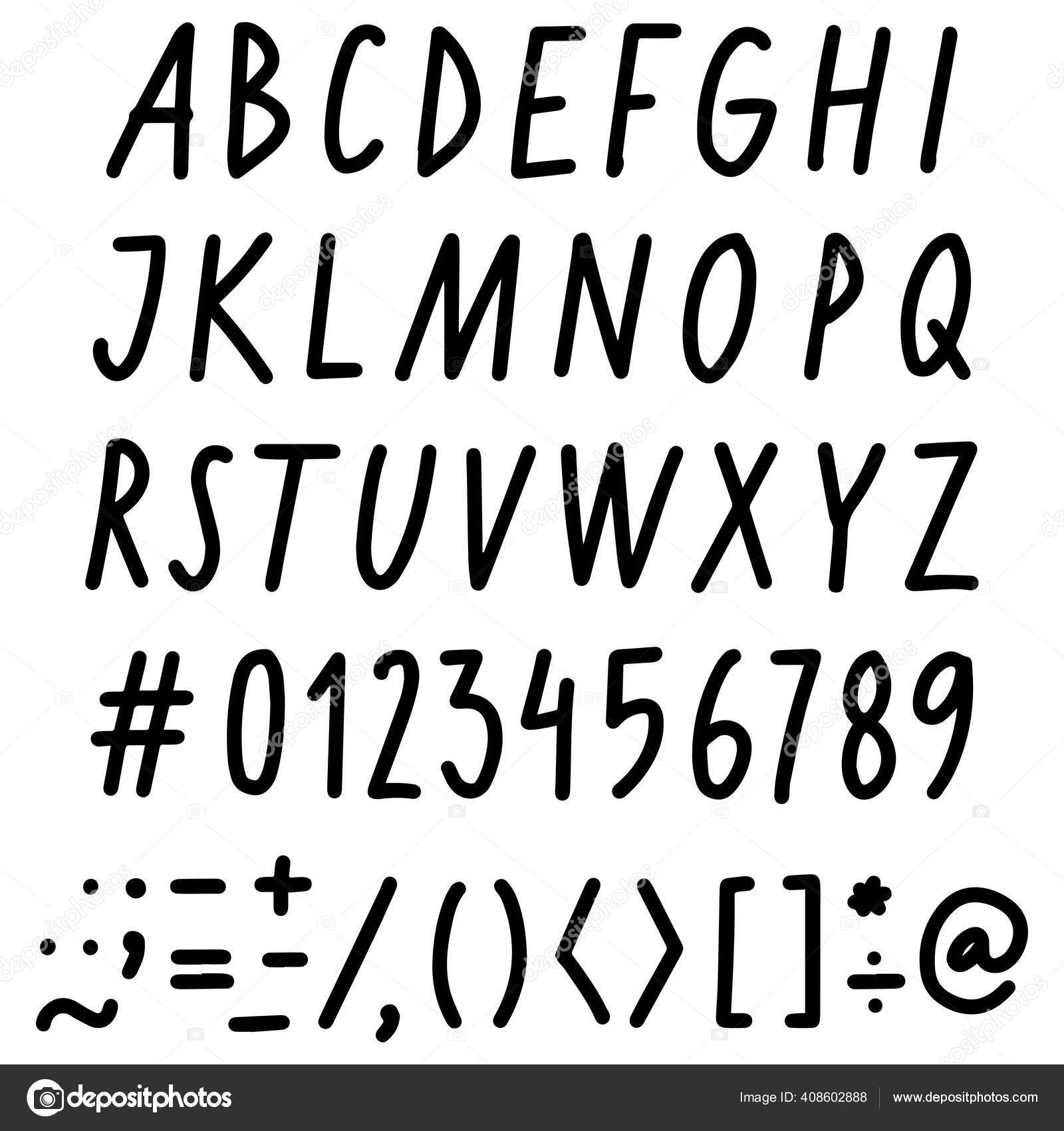 Hand Written Alphabet Big Letters Numbers Signs Vector Black Line Stock