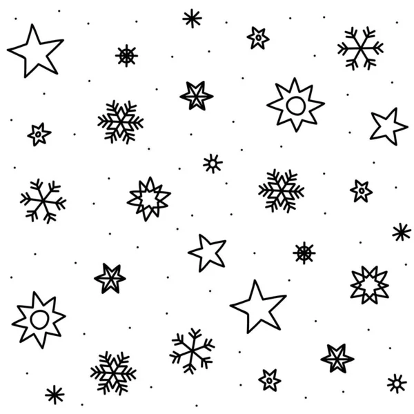 手绘素描风格雪片单色雪冬假无缝图案白色背景隔离 — 图库矢量图片