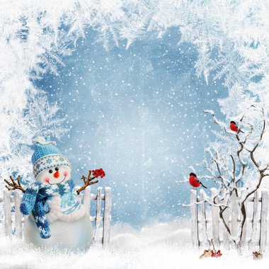 Arka plan bir kardan adam çit ve bullfinches ile bir ağaç dallarında tebrik Noel