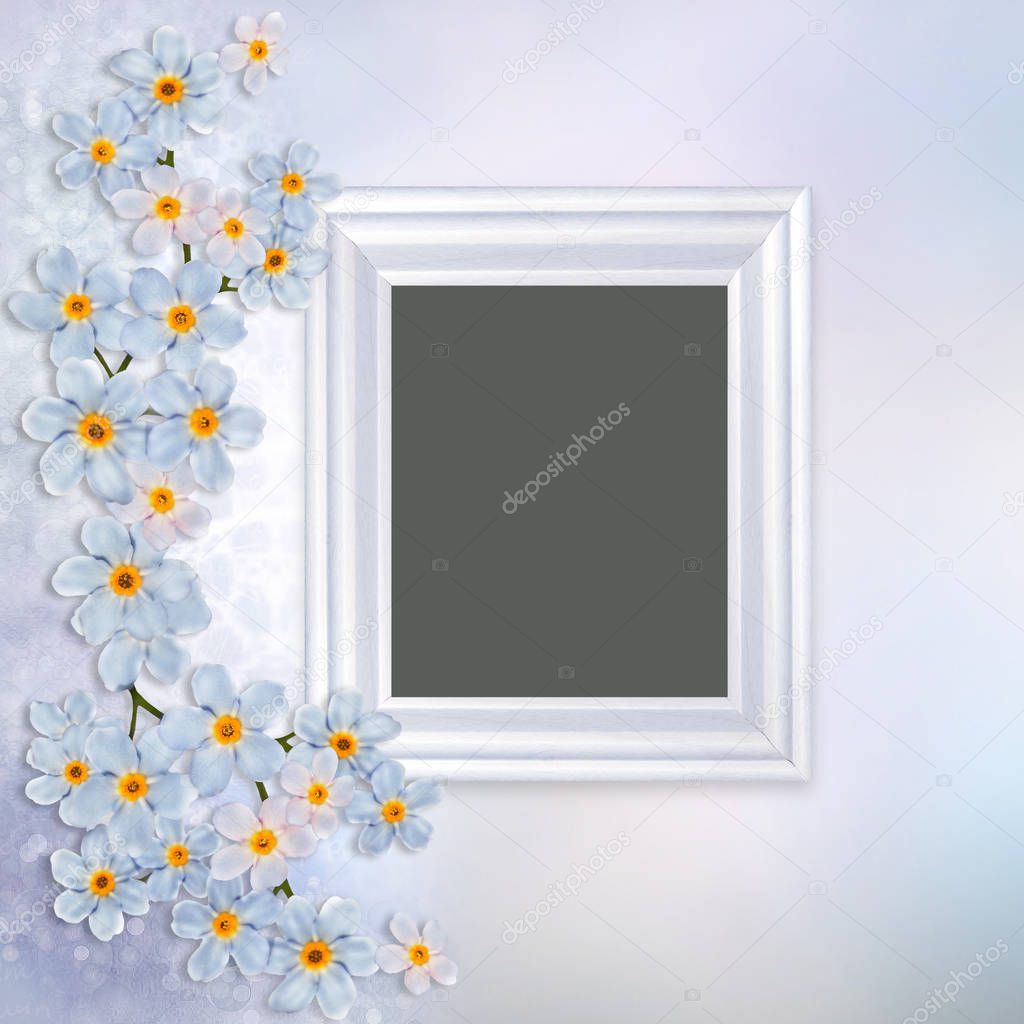 Beautiful vintage background with photo frame and forget-me-not border