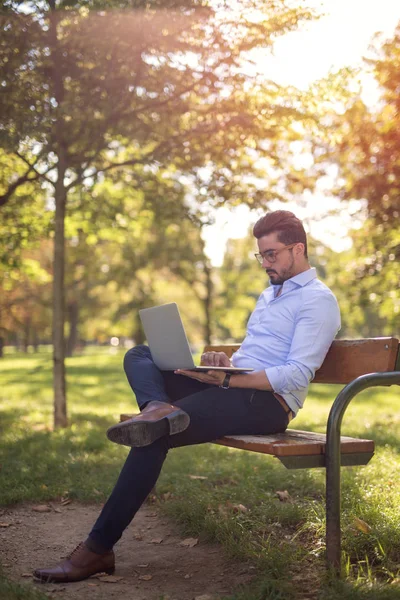 Joven Hombre Negocios Guapo Trabajando Portátil Parque Atardecer — Foto de Stock