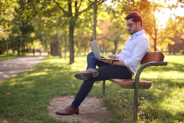 Joven Hombre Negocios Guapo Trabajando Portátil Parque Durante Día — Foto de Stock