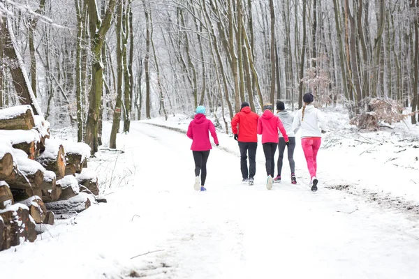 Group of friends running through the forest in the snow in winter daytime