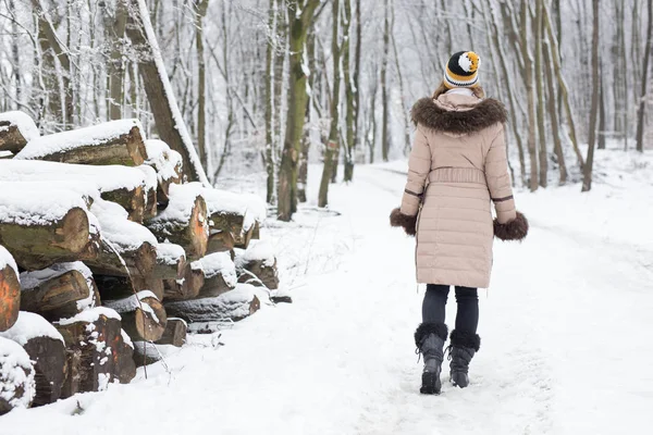 Mooie Jonge Vrouw Gelukkig Het Bos Lopen Een Winterdag Met — Stockfoto