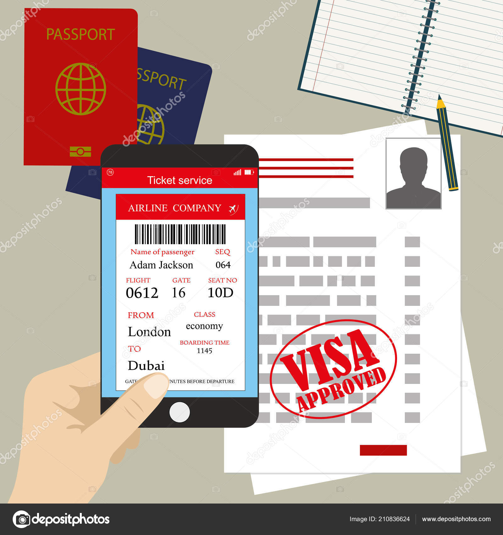 visa approved blank work permit passport smartphone boarding pass