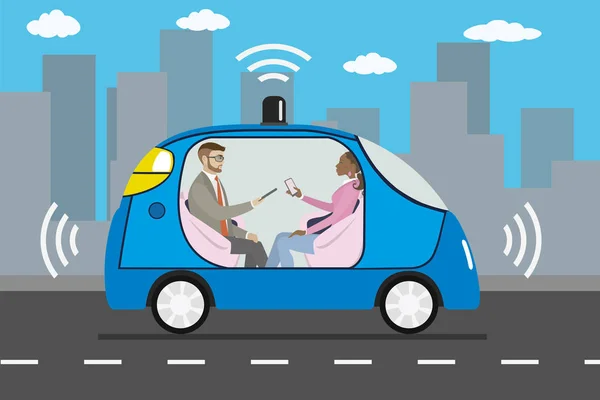 People in modern self-driving car,city road,futuristic technolog