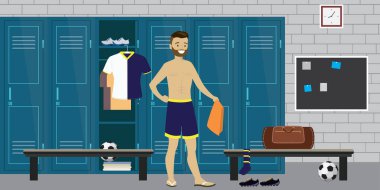 Dressing room interior with lockers and Football player with spo vector Dressing room interior with lockers and Football player with spo vector