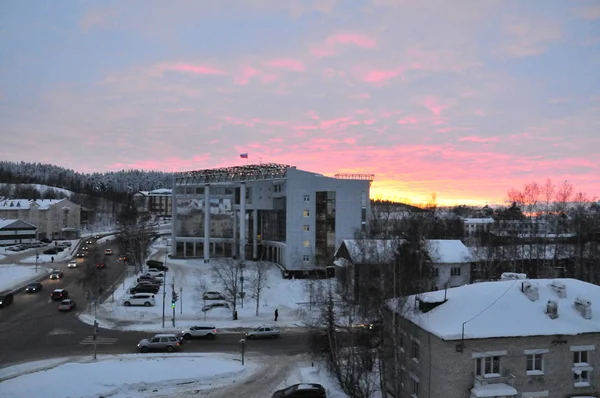 Вечер Ханты Мансийска Закат Сибири Зимой — стоковое фото